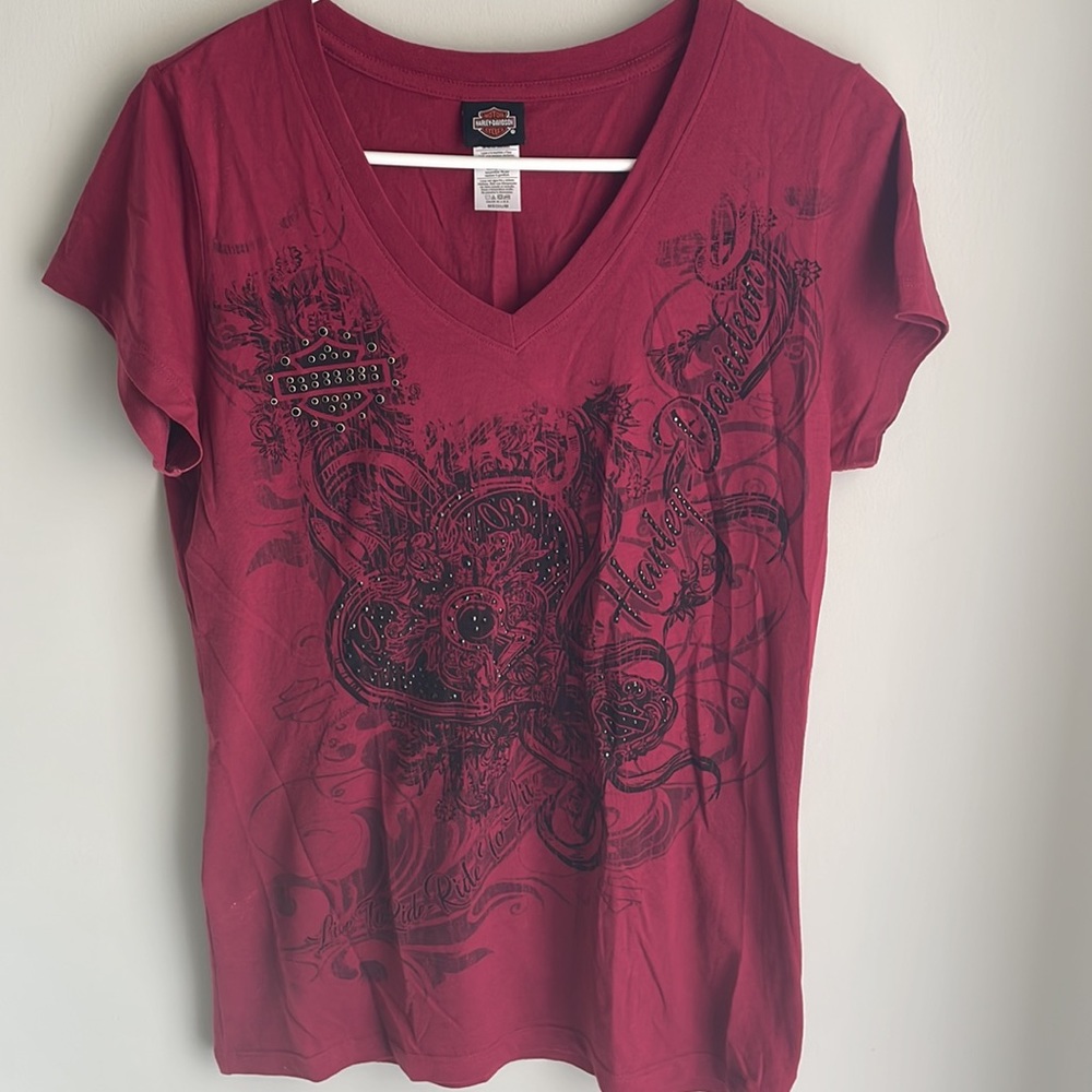 Harley-Davidson Burgundy v-neck with Black graphic and Bling- Medium